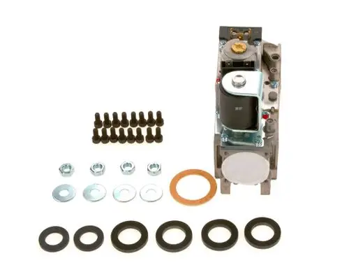 Bosch Gasarmatur bestehend aus einer Hauptkomponente und verschiedenen Schrauben, Unterlegscheiben sowie Dichtungen, die zur Montage benötigt werden.